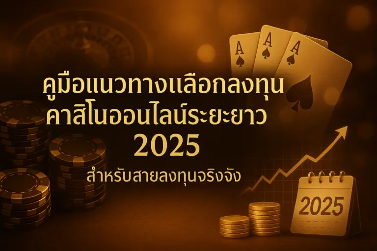 ภาพฟีเจอร์โทนทองน้ำตาลหรูสำหรับบทความ คู่มือแนวทางเลือกลงทุนคาสิโนออนไลน์ระยะยาว 2025 ของ hotwin888 พร้อมตัวอักษรหัวเรื่องบนภาพ