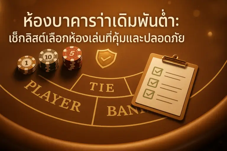 ภาพฟีเจอร์บทความ "ห้องบาคาร่าเดิมพันต่ำ" ของ hotwin888 โทนไล่เฉดทอง–น้ำตาลสไตล์หรู แสดงโต๊ะบาคาร่า ชิปเดิมพันต่ำ พร้อมไอคอนโล่และเช็กลิสต์สื่อถึงความปลอดภัยและความคุ้มค่า