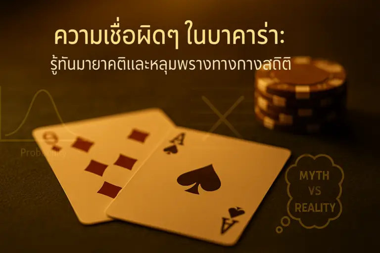 ภาพประกอบความเชื่อผิดในบาคาร่า โทนหรูสีทอง-น้ำตาล สำหรับบทความ hotwin888 พร้อมตัวหนังสือหัวข้อบนภาพ