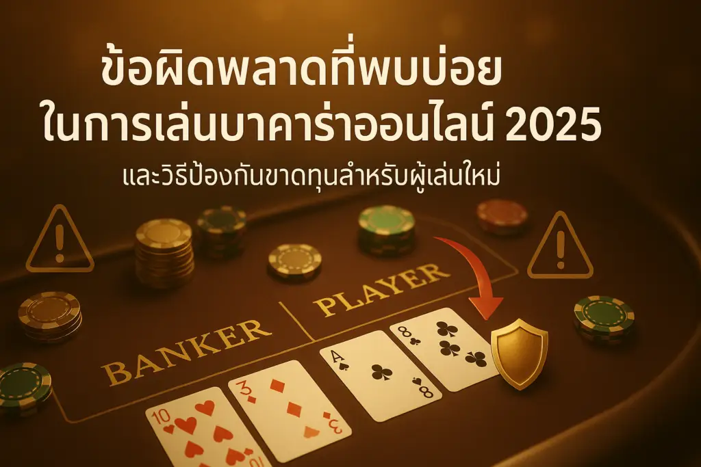 ภาพประกอบบทความ ข้อผิดพลาดที่พบบ่อยในการเล่นบาคาร่าออนไลน์ 2025 โทนไล่เฉดทอง-น้ำตาลหรู พร้อมโต๊ะบาคาร่าและสัญลักษณ์คำเตือน บอกเล่าการป้องกันความเสี่ยงสำหรับผู้เล่นใหม่ เชื่อมโยงกับ hotwin888