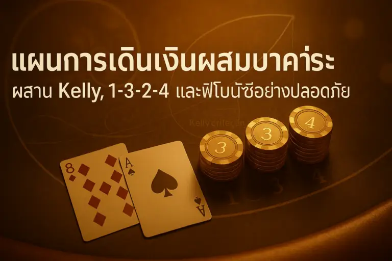 ภาพปกบทความ แผนการเดินเงินผสมบาคาร่า โทนทอง–น้ำตาลหรู แสดงโต๊ะบาคาร่า ชิปตัวเลข 1-3-2-4 และเส้นฟีโบนัชชี พร้อมหัวข้อบนภาพ เหมาะสำหรับ hotwin888