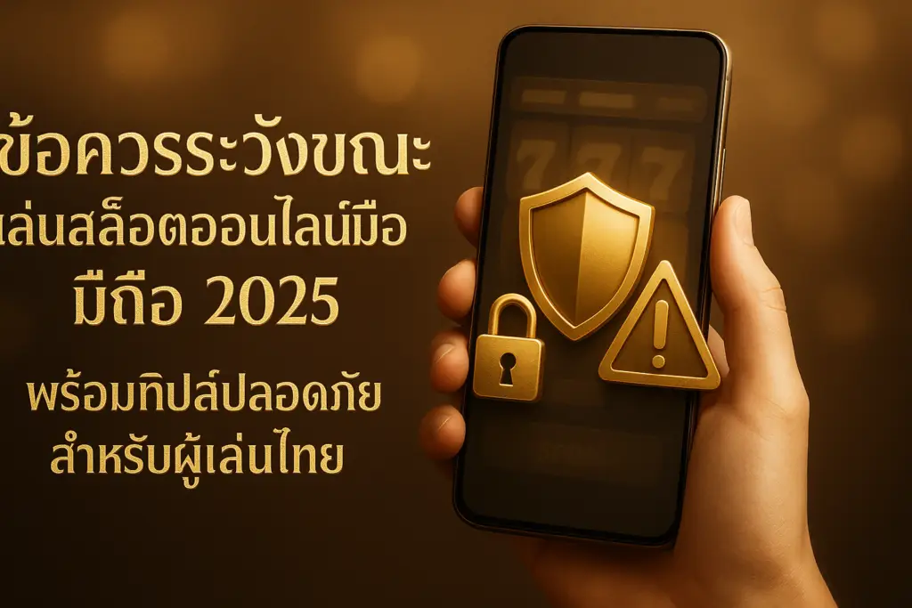 ภาพหน้าปกโทนทอง-น้ำตาลสไตล์หรู แสดงแนวคิด ‘ข้อควรระวังขณะเล่นสล็อตออนไลน์มือถือ’ ปี 2025 สำหรับผู้เล่นไทย พร้อมสัญลักษณ์ความปลอดภัยและข้อความทับบนภาพ เชื่อมโยงแนวทางปลอดภัยของ hotwin888