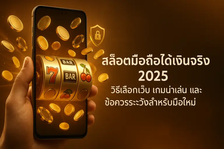 ภาพฟีเจอร์สล็อตมือถือได้เงินจริง 2025 โทนหรูหรา golden–brown สำหรับบทความ hotwin888 ว่าด้วยวิธีเลือกเว็บ เกมน่าเล่น และข้อควรระวังสำหรับมือใหม่