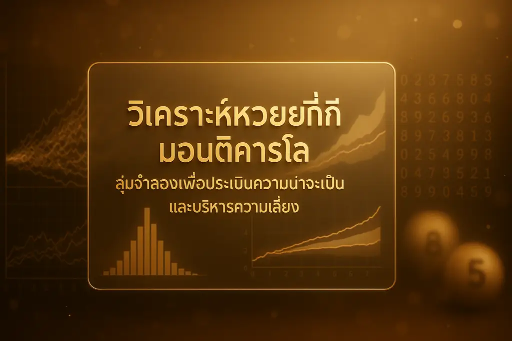 ภาพหน้าปกบทความ วิเคราะห์หวยยี่กีมอนติคาร์โล สำหรับ hotwin888 โทนไล่เฉดทอง–น้ำตาลสไตล์หรู องค์ประกอบกราฟมอนติคาร์โล ฮิสโตแกรมความน่าจะเป็น และแนวคิดการบริหารความเสี่ยง