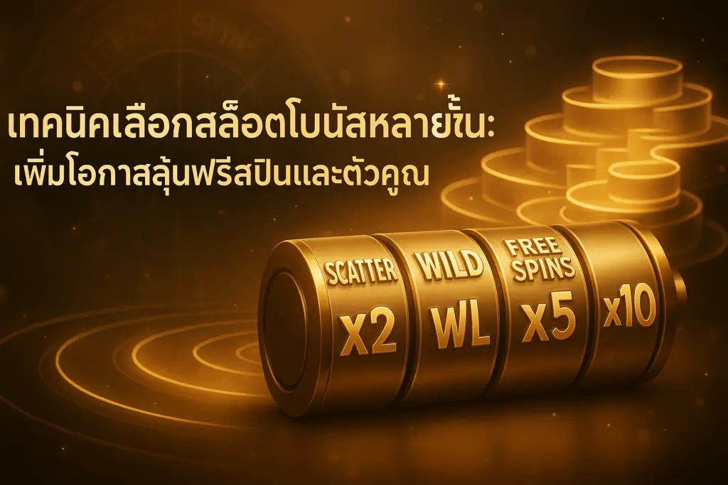 ภาพหัวเรื่องโทนไล่เฉดทอง-น้ำตาลสไตล์หรู สื่อแนวคิด เทคนิคเลือกสล็อตโบนัสหลายชั้น พร้อมไอคอนฟรีสปินและตัวคูณ สำหรับบทความของ hotwin888