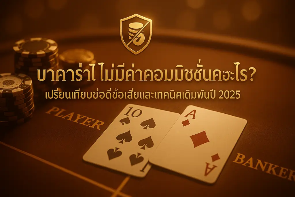 ภาพฟีเจอร์บาคาร่าไม่มีค่าคอมมิชชั่น โทนหรูหราทอง-น้ำตาล พร้อมข้อความหัวเรื่อง เหมาะสำหรับ hotwin888 แสดงโต๊ะบาคาร่าและคอนเซ็ปต์ no commission อย่างเด่นชัด