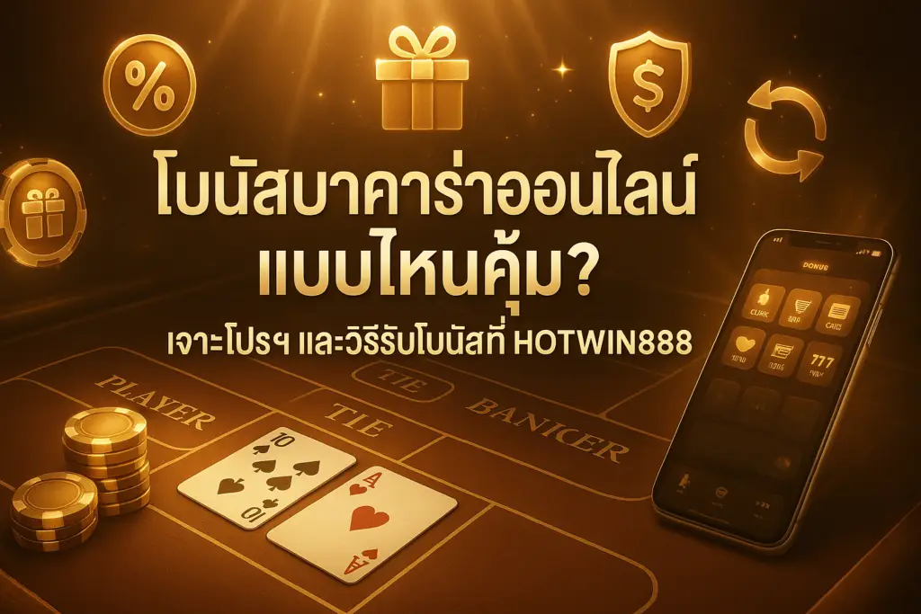 ภาพฟีเจอร์โบนัสบาคาร่าออนไลน์ โทนหรูหราไล่เฉดทอง-น้ำตาล พร้อมชิปไพ่และไอคอนโบนัส สื่อถึงบทความที่ hotwin888