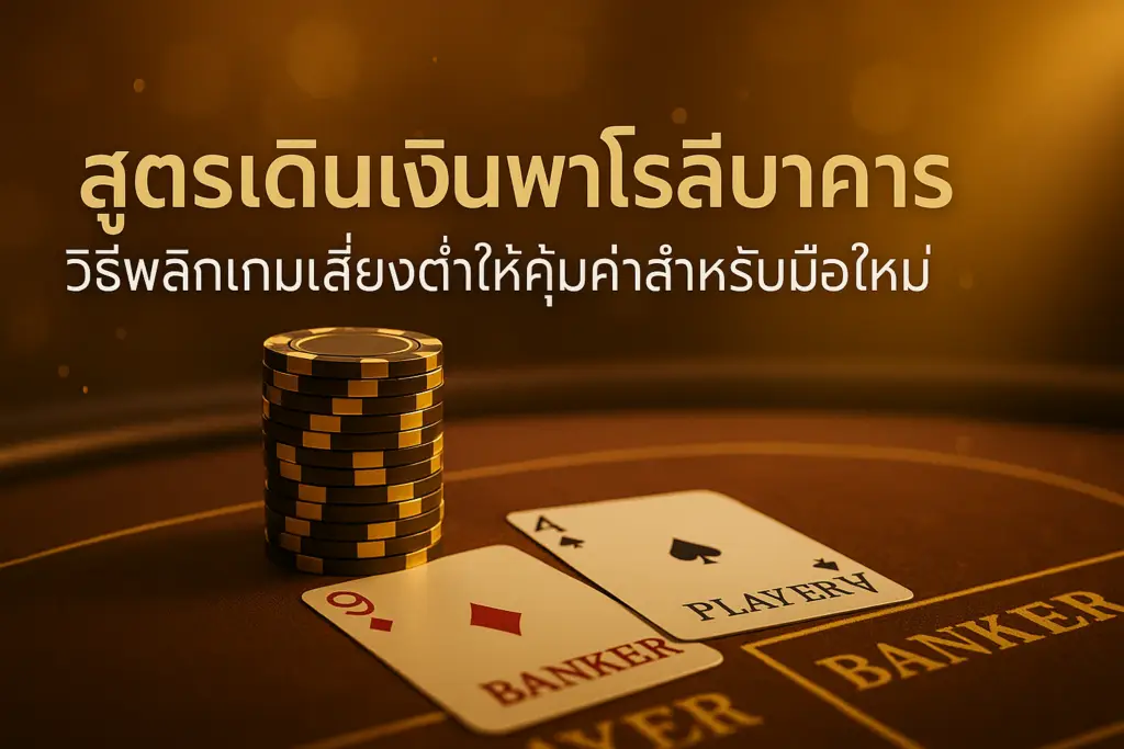 ภาพหัวเรื่องสไตล์หรูโทนทอง–น้ำตาล แสดงโต๊ะบาคาร่าและชิป สื่อถึงสูตรเดินเงินพาโรลีบาคาร่า สำหรับบทความ hotwin888