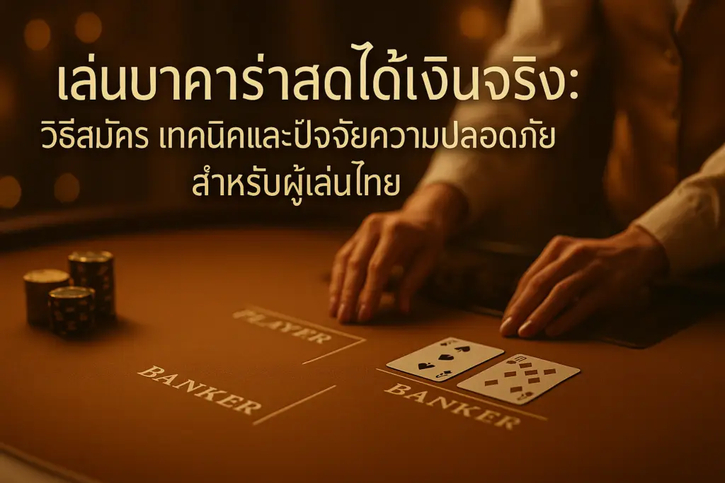 ภาพปกบทความแนวหรูโทนทอง–น้ำตาลสำหรับหัวข้อ “เล่นบาคาร่าสดได้เงินจริง” บน hotwin888 โชว์โต๊ะบาคาร่าสด ชิป และไพ่ พร้อมตัวอักษรหัวข้อภาษาไทยบนภาพ