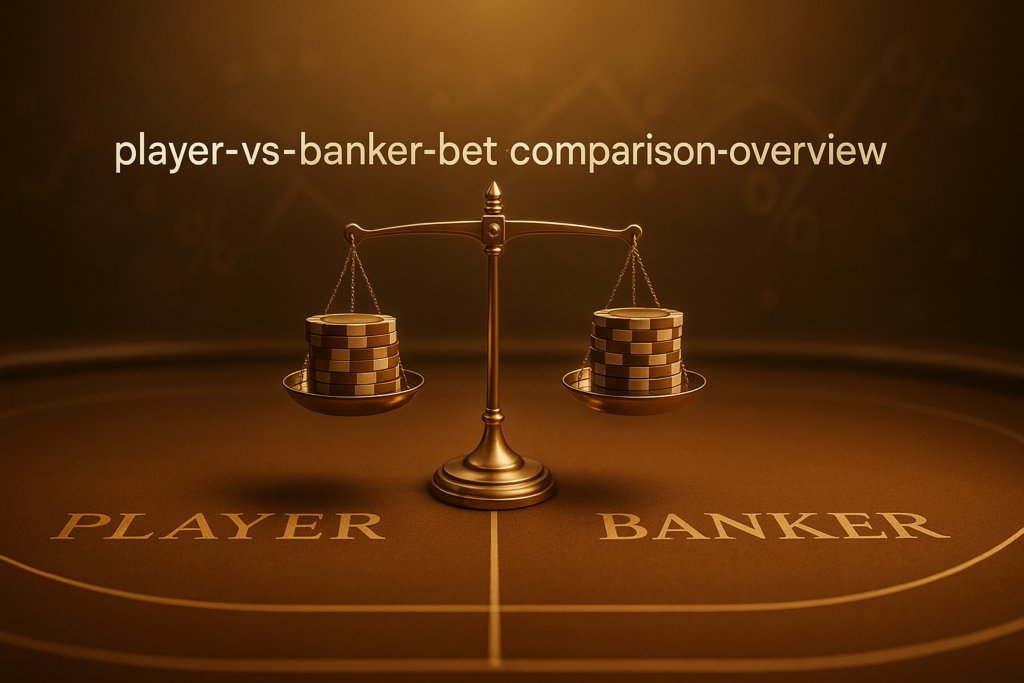 ภาพประกอบโทนทอง–น้ำตาลสไตล์หรู เปรียบเทียบเดิมพันผู้เล่นกับเจ้ามือ (Player vs Banker) ด้วยตาชั่ง ชิปคาสิโน และกราฟ เปลี่ยนบรรยากาศคาสิโนแบบหรูสำหรับบทความ hotwin888 มีข้อความ player-vs-banker-bet-comparison-overview บนภาพ