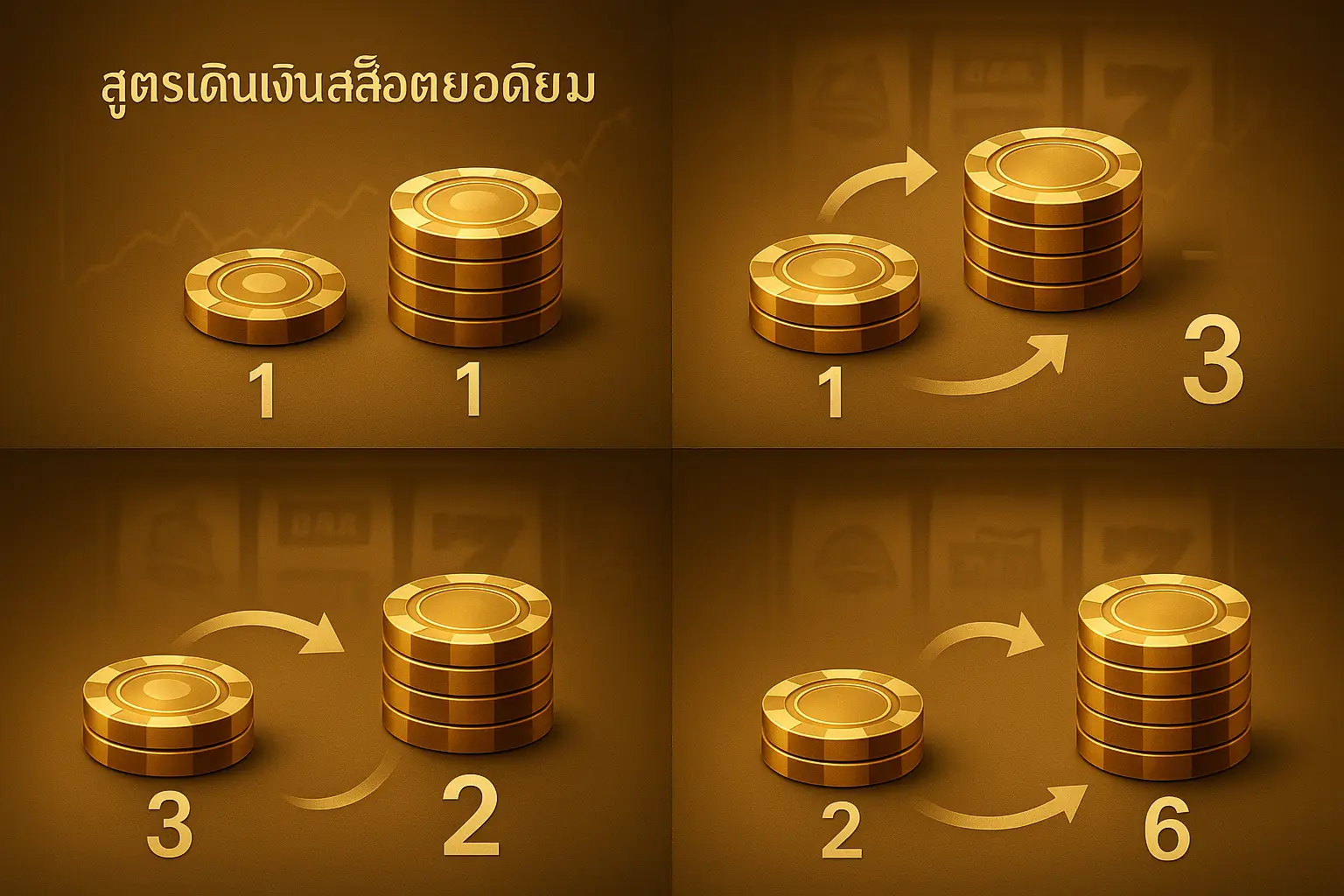 ภาพตัวอย่างลำดับเดิมพันแบบขั้นบันได 1-3-2-6 ในบริบท สูตรเดินเงินสล็อตยอดนิยม โทนทองน้ำตาลหรู สำหรับ hotwin888