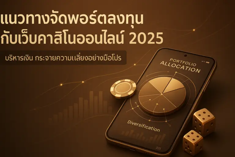 แนวทางจัดพอร์ตลงทุนกับเว็บคาสิโนออนไลน์ 2025 ภาพประกอบธีมโทนทองน้ำตาลสไตล์หรู แสดงกราฟพอร์ตลงทุน ชิปคาสิโน และสมาร์ทโฟน สื่อถึงการบริหารเงินและกระจายความเสี่ยง — hotwin888