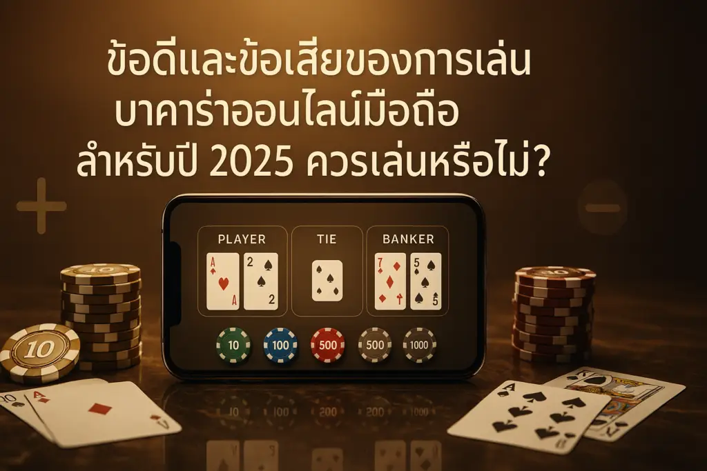 ภาพฮีโร่สื่อถึง “ข้อดีและข้อเสียของการเล่นบาคาร่าออนไลน์มือถือ” โทนหรูทอง–น้ำตาล สำหรับบทความปี 2025 บน hotwin888 พร้อมข้อความหัวเรื่องบนภาพ