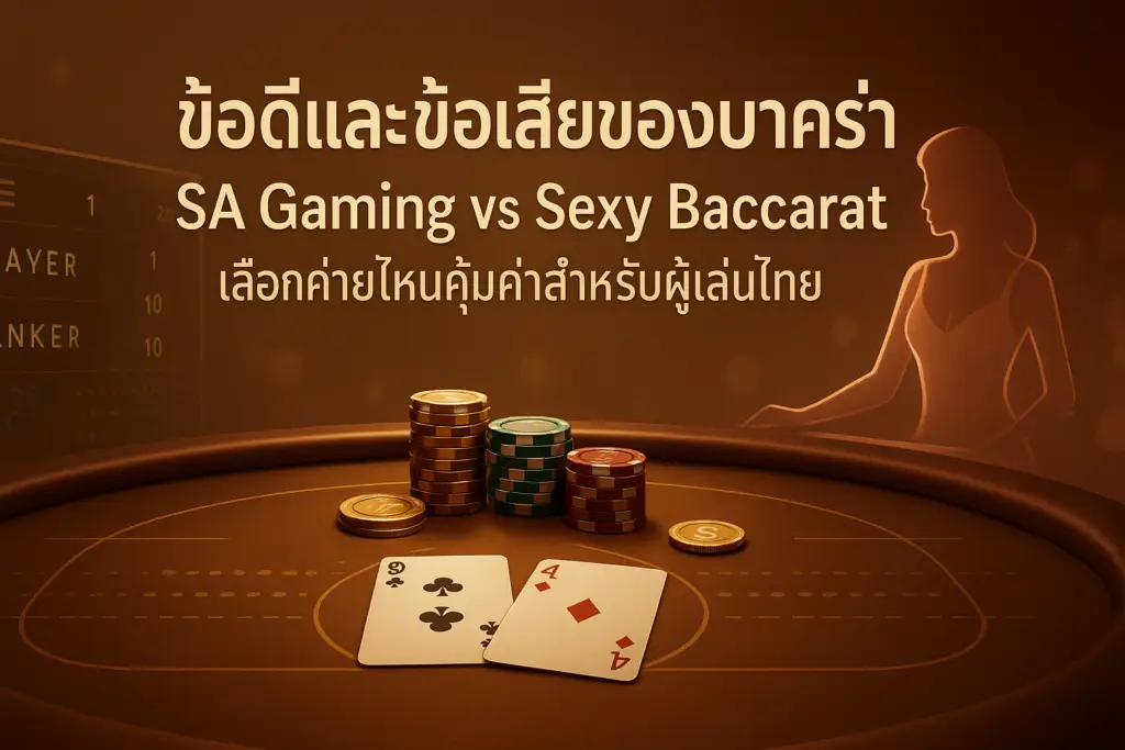 ภาพปกโทนทอง-น้ำตาลสำหรับบทความ ‘ข้อดีและข้อเสียของบาคาร่า SA Gaming vs Sexy Baccarat’ พร้อมข้อความ ‘เลือกค่ายไหนคุ้มค่าสำหรับผู้เล่นไทย’ ในสไตล์หรูหรา โดย hotwin888