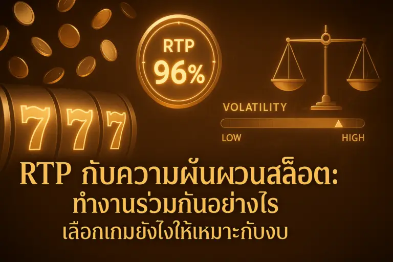 ภาพประกอบแนวโทนทองหรูสำหรับบทความ “RTP กับความผันผวนสล็อต” บน hotwin888 แสดงรีลสล็อต มาตรวัดเปอร์เซ็นต์ RTP และตัวชี้วัดความผันผวน สื่อถึงความเสี่ยง-ผลตอบแทนและการเลือกเกมให้เหมาะกับงบ