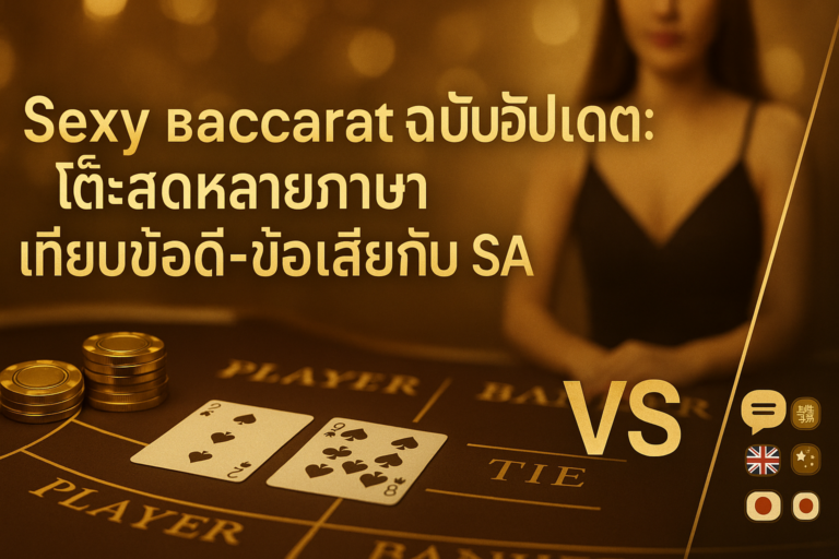 Golden–brown luxury feature image for sexy baccarat on hotwin888, showing a baccarat table, multilingual live tables, and an SA comparison, with Thai title overlay.