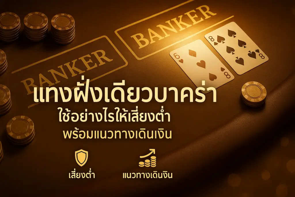 ภาพประกอบบทความ แทงฝั่งเดียวบาคาร่า ของ hotwin888 โทนหรูหราสีทอง-น้ำตาล แสดงโต๊ะบาคาร่า เน้นการแทงฝั่งเดียว พร้อมสัญลักษณ์ลดความเสี่ยงและแนวทางเดินเงิน