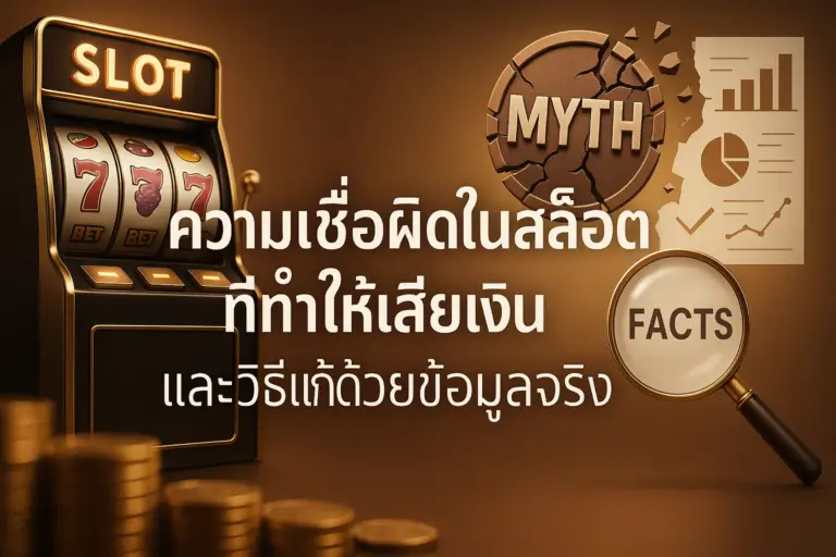 ภาพประกอบความเชื่อผิดในสล็อต โทนหรูหราไล่เฉดทอง-น้ำตาล แสดงสล็อตแมชชีน ไอคอน myth vs facts และกราฟข้อมูล สำหรับบทความ hotwin888