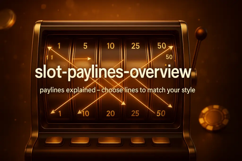 ภาพประกอบบทความ เพย์ไลน์สล็อต สำหรับ hotwin888 แสดงรีลสล็อตพร้อมเส้นจ่าย (paylines) หลายรูปแบบ โทนไล่เฉดทอง-น้ำตาลหรูหรา พร้อมข้อความหัวเรื่อง "slot-paylines-overview" บนภาพ