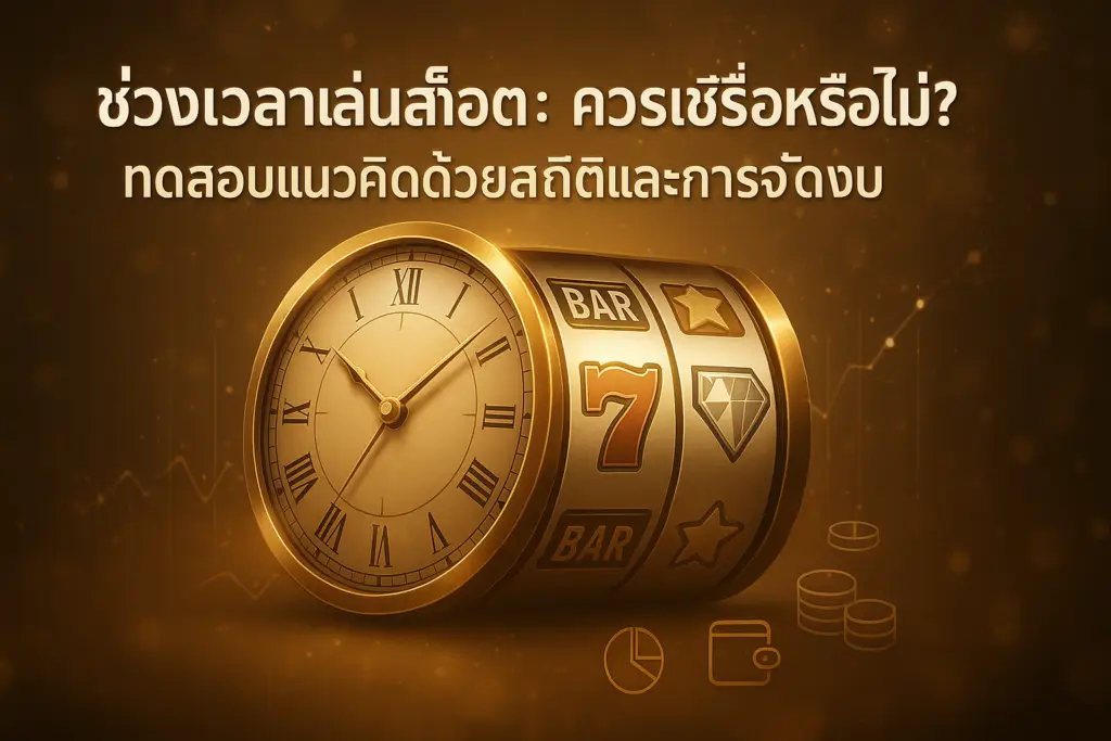 ภาพประกอบธีมโทนทอง–น้ำตาลหรูสำหรับบทความ “ช่วงเวลาเล่นสล็อต: ควรเชื่อหรือไม่? ทดสอบแนวคิดด้วยสถิติและการจัดงบ” ของ hotwin888 แสดงนาฬิกาซ้อนกับวงล้อสล็อตและกราฟสถิติ สื่อถึงช่วงเวลาเล่นสล็อตและการจัดงบประมาณ
