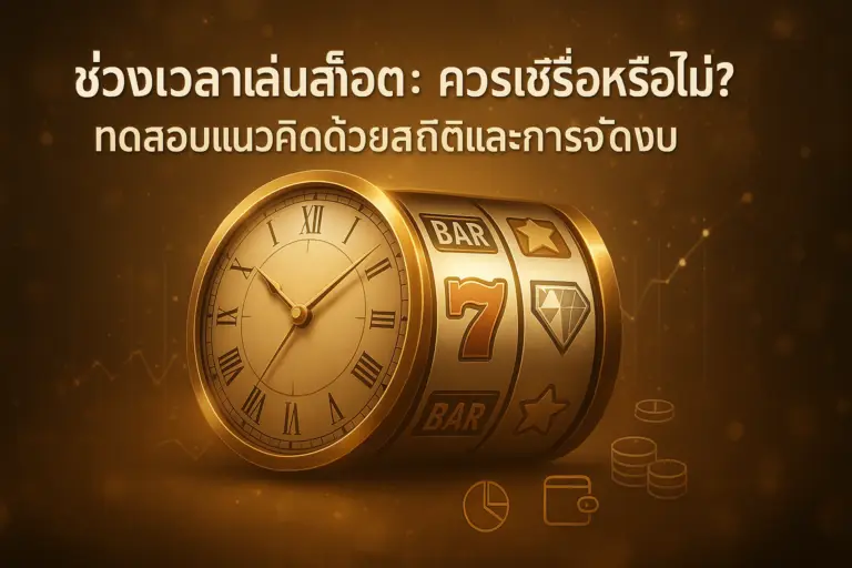 ภาพประกอบธีมโทนทอง–น้ำตาลหรูสำหรับบทความ “ช่วงเวลาเล่นสล็อต: ควรเชื่อหรือไม่? ทดสอบแนวคิดด้วยสถิติและการจัดงบ” ของ hotwin888 แสดงนาฬิกาซ้อนกับวงล้อสล็อตและกราฟสถิติ สื่อถึงช่วงเวลาเล่นสล็อตและการจัดงบประมาณ