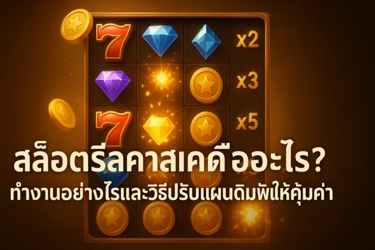 ภาพฟีเจอร์สล็อตรีลคาสเคดโทนทอง–น้ำตาล แสดงเอฟเฟ็กต์สัญลักษณ์ร่วงต่อเนื่องและตัวคูณ พร้อมข้อความหัวข้อบทความ สำหรับ hotwin888