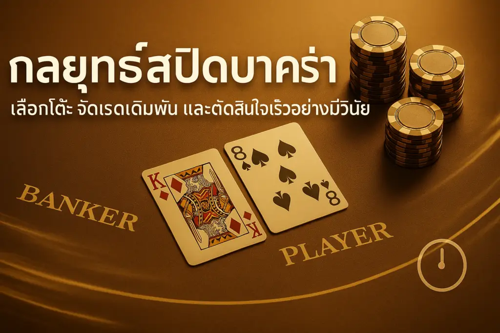 ภาพฟีเจอร์กลยุทธ์สปีดบาคาร่า โทน golden–brown สไตล์หรู สำหรับบทความ hotwin888 มีโต๊ะบาคาร่า ไพ่ ชิป และไอคอนตัวจับเวลา สื่อถึงความรวดเร็วและวินัยในการตัดสินใจ