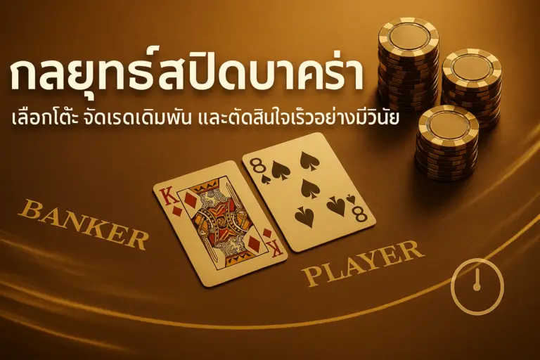 ภาพฟีเจอร์กลยุทธ์สปีดบาคาร่า โทน golden–brown สไตล์หรู สำหรับบทความ hotwin888 มีโต๊ะบาคาร่า ไพ่ ชิป และไอคอนตัวจับเวลา สื่อถึงความรวดเร็วและวินัยในการตัดสินใจ