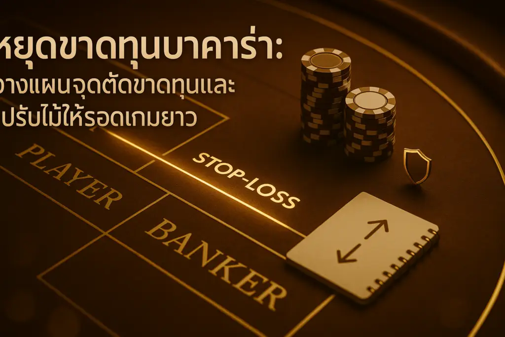 ภาพปก หยุดขาดทุนบาคาร่า โทนทอง-น้ำตาลหรู พร้อมข้อความหัวเรื่องบนภาพ แสดงโต๊ะบาคาร่าและสัญลักษณ์ stop-loss สำหรับ hotwin888