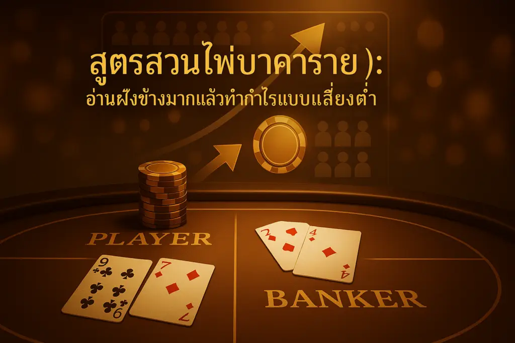 ภาพหน้าปก สูตรสวนไพ่บาคาร่า (contrarian) สำหรับ hotwin888 โทนทอง-น้ำตาลหรูหรา แสดงโต๊ะบาคาร่า ไพ่ ชิป และลูกศรสวนกระแสเพื่อสื่อกลยุทธ์สวนฝั่งข้างมาก