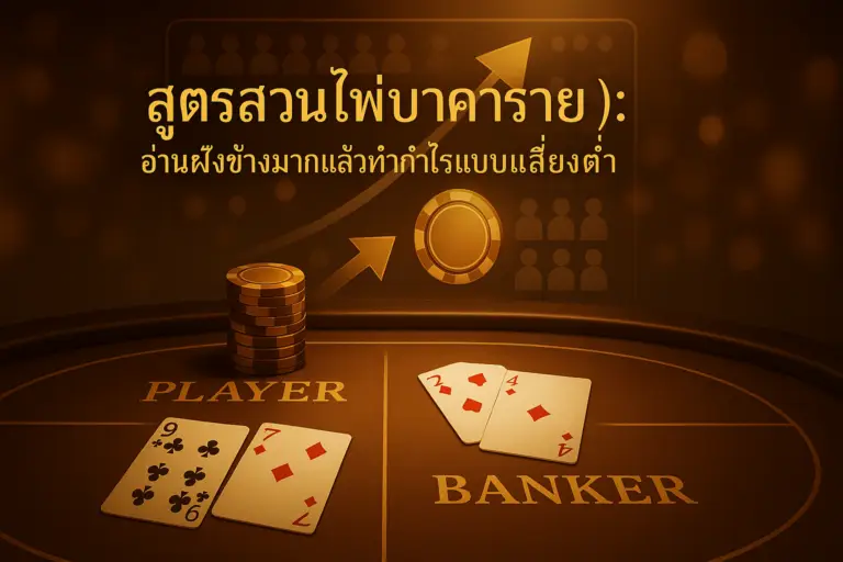 ภาพหน้าปก สูตรสวนไพ่บาคาร่า (contrarian) สำหรับ hotwin888 โทนทอง-น้ำตาลหรูหรา แสดงโต๊ะบาคาร่า ไพ่ ชิป และลูกศรสวนกระแสเพื่อสื่อกลยุทธ์สวนฝั่งข้างมาก