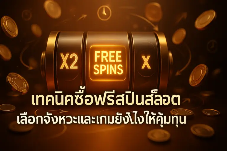 ภาพโทนทอง–น้ำตาลสไตล์หรู แสดงวงล้อสล็อตและสัญลักษณ์ FREE SPINS สื่อถึง เทคนิคซื้อฟรีสปินสล็อต สำหรับบทความ hotwin888 พร้อมข้อความไตเติลภาษาไทยบนภาพ