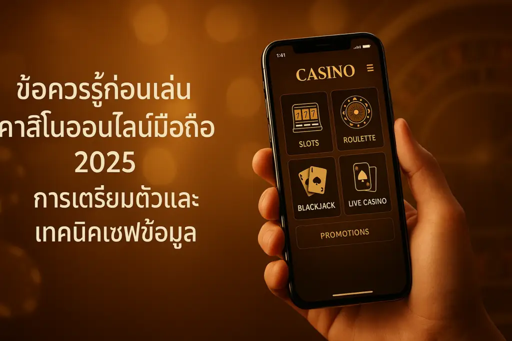 ภาพฮีโร่โทนทองน้ำตาลสไตล์หรู แสดงมือถือกับบรรยากาศคาสิโนแบบนุ่มนวล พร้อมข้อความซ้อน "ข้อควรรู้ก่อนเล่นคาสิโนออนไลน์มือถือ 2025 การเตรียมตัวและเทคนิคเซฟข้อมูล" เชื่อมโยงกับหัวข้อ ข้อควรรู้ก่อนเล่นคาสิโนออนไลน์มือถือ และ hotwin888