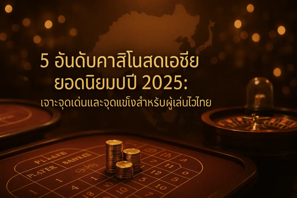 ภาพฟีเจอร์ คาสิโนสดเอเชียยอดนิยม ปี 2025 พร้อมชื่อบทความบนภาพ โทนหรูหรา golden–brown สำหรับ hotwin888