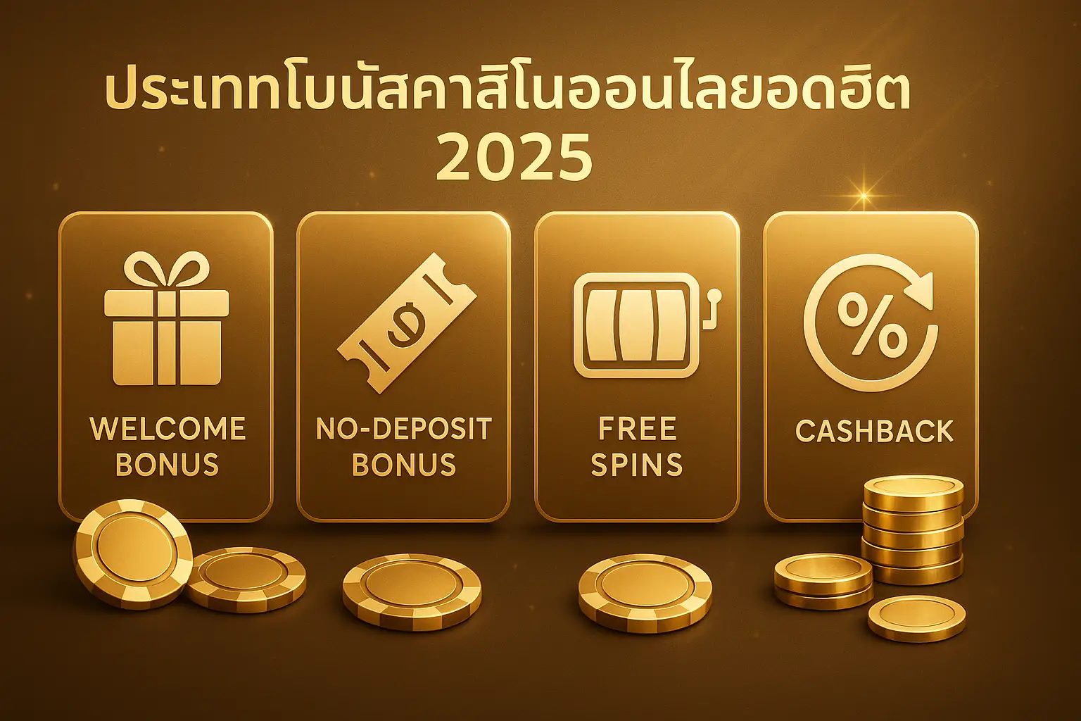 อินโฟกราฟิกเปรียบเทียบประเภทโบนัสคาสิโนออนไลน์ยอดฮิต 2025 ได้แก่ welcome bonus, no-deposit, free spins และ cashback โทนทอง-น้ำตาลหรู สำหรับ hotwin888