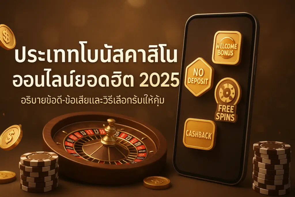 ภาพปกบทความ ประเภทโบนัสคาสิโนออนไลน์ยอดฮิต 2025 โทนทอง-น้ำตาลหรู มีไอคอนโบนัสและชิปคาสิโน พร้อมตัวหนังสือชื่อเรื่องบนภาพ สำหรับ hotwin888