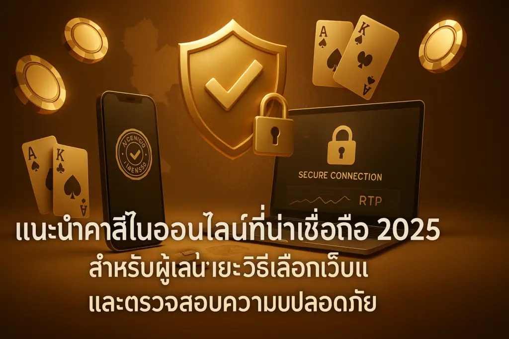 ภาพฟีเจอร์โทนทอง–น้ำตาลของ คาสิโนออนไลน์ที่น่าเชื่อถือ 2025 โดย hotwin888 แสดงภาพรวมสำหรับผู้เล่นไทยพร้อมโล่ ตรวจสอบใบอนุญาต SSL และสัญลักษณ์ความปลอดภัย