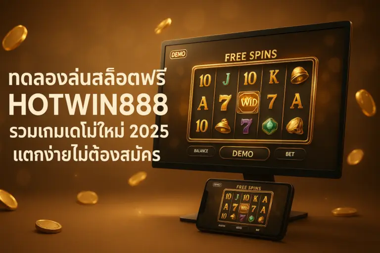 แบนเนอร์บทความ ทดลองเล่นสล็อตฟรี HOTWIN888 รวมเกมเดโม่ใหม่ 2025 โทนหรูไล่เฉดทอง-น้ำตาล พร้อมข้อความหัวเรื่องบนภาพ