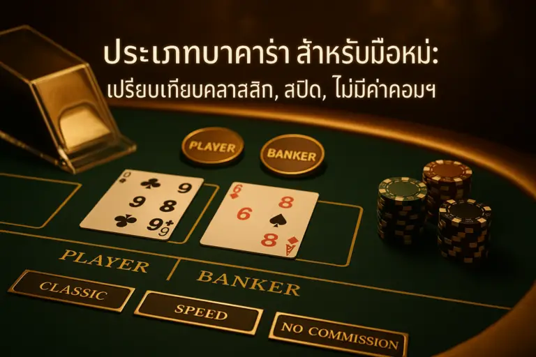 ภาพประกอบประเภทบาคาร่า โทนหรูหราไล่เฉดทอง-น้ำตาล แสดงคลาสสิก สปีด และไม่มีค่าคอมมิชัน บนโต๊ะบาคาร่า สำหรับ hotwin888
