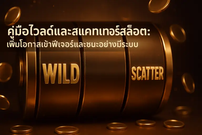 ภาพประกอบบทความโทนทองน้ำตาลสไตล์หรู แสดงสัญลักษณ์ WILD และ SCATTER บนวงล้อสล็อต เชื่อมโยงคอนเทนต์ไวลด์และสแคทเทอร์สล็อต ของ hotwin888