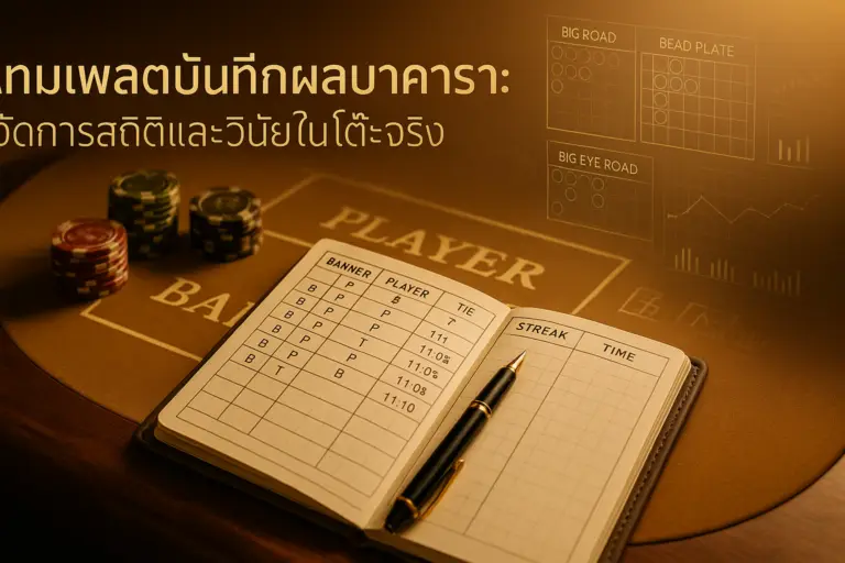 ภาพเทมเพลตบันทึกผลบาคาร่า โทนหรูไล่เฉดทอง-น้ำตาล พร้อมโต๊ะบาคาร่า สมุดจดสถิติ และกราฟสถิติ เพื่อการติดตามผลและวินัยในการเล่น — hotwin888