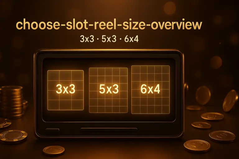 ภาพประกอบ เลือกขนาดรีลสล็อต 3x3, 5x3, 6x4 โทนหรูหราไล่เฉดทอง-น้ำตาล พร้อมตัวอักษรชื่อเรื่องบนภาพ สำหรับบทความของ hotwin888