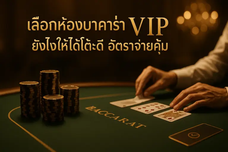 ภาพแบนเนอร์ธีมหรูหราสีทอง-น้ำตาล แสดงโต๊ะบาคาร่า VIP กับชิปและไพ่ พร้อมตัวอักษรหัวข้อ "เลือกห้องบาคาร่า VIP ยังไงให้ได้โต๊ะดี อัตราจ่ายคุ้ม" สื่อถึงการเลือกห้องบาคาร่า VIP บน hotwin888