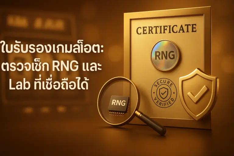 ภาพประกอบใบรับรองเกมสล็อต โทนทอง–น้ำตาลสไตล์หรู แสดงเอกสารรับรองพร้อมสัญลักษณ์ RNG และตราแล็บทดสอบที่เชื่อถือได้ของ hotwin888 มีโล่เช็กมาร์กและวงล้อสล็อตจางด้านหลัง พร้อมหัวข้อบทความซ้อนทับบนภาพ