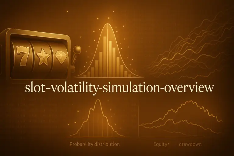 ภาพประกอบซิมูเลชันความผันผวนสล็อต (Monte Carlo) แสดงกราฟผลตอบแทนและ drawdown โทนไล่เฉดทอง-น้ำตาลสไตล์หรู สำหรับบทความของ hotwin888