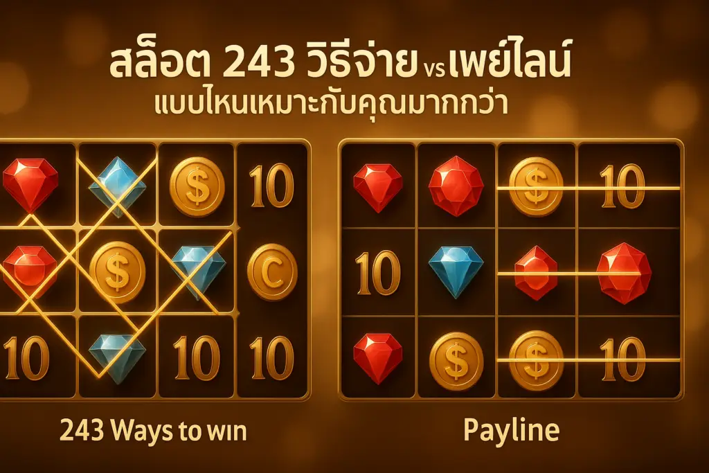 ภาพประกอบ สล็อต 243 วิธีจ่าย vs เพย์ไลน์ โทนไล่เฉดทอง–น้ำตาลสไตล์หรู สำหรับบทความ hotwin888 พร้อมตัวอักษรไทยบนภาพ