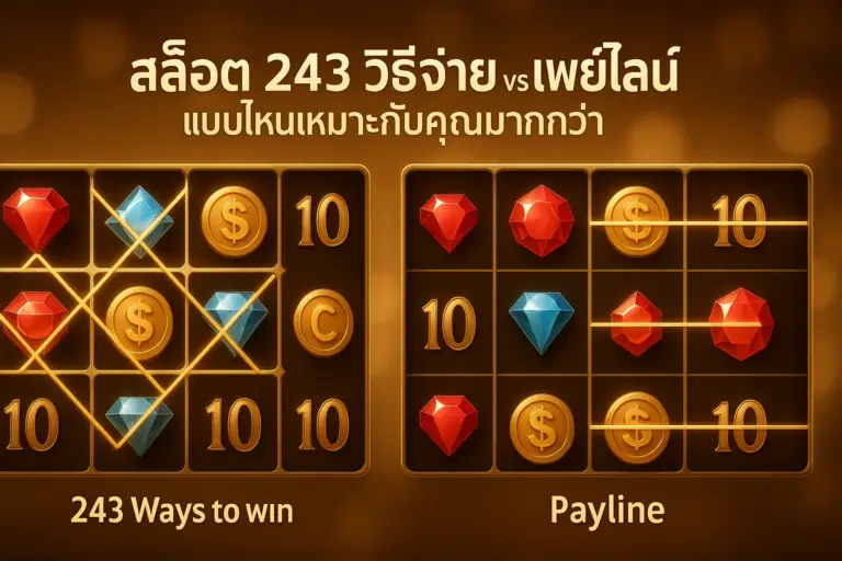 ภาพประกอบ สล็อต 243 วิธีจ่าย vs เพย์ไลน์ โทนไล่เฉดทอง–น้ำตาลสไตล์หรู สำหรับบทความ hotwin888 พร้อมตัวอักษรไทยบนภาพ