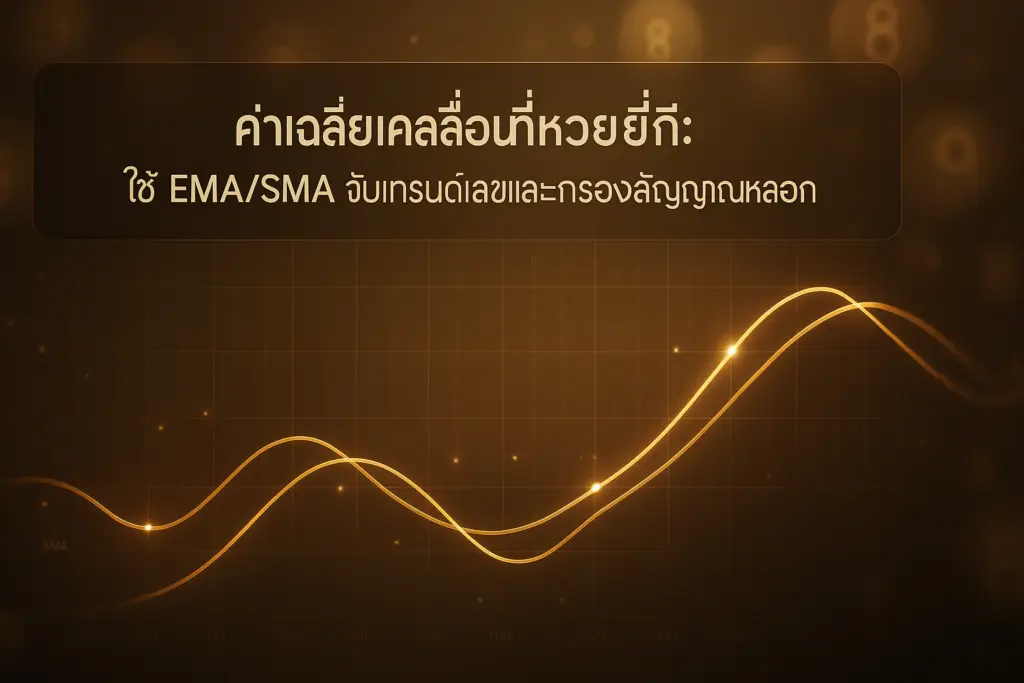 ภาพปกบทความ ค่าเฉลี่ยเคลื่อนที่หวยยี่กี (EMA/SMA) จับเทรนด์และกรองสัญญาณหลอก โทนไล่เฉดทองน้ำตาลสไตล์ลักชัวรี สำหรับ hotwin888